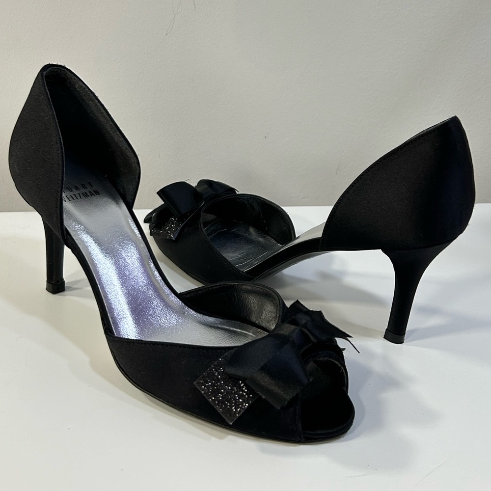 Stuart Weitzman Vintage Black Satin Heels with Bow